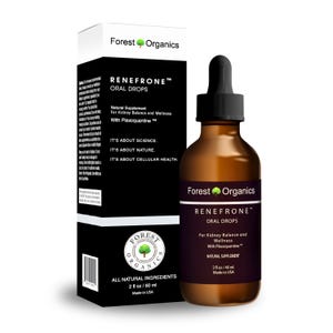 May include: A brown glass bottle with a dropper top containing Forest Organics Renefrone Oral Drops, a natural supplement for kidney balance and wellness with Plaxoquantine. The bottle is labeled with the product name, ingredients, and dosage information. The bottle is sitting on a white surface.