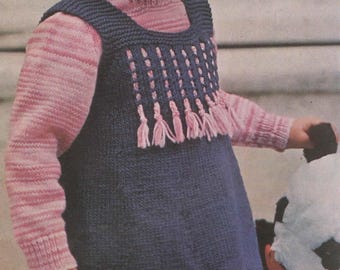 Knitted DK Pinafore Dress and Jumper Outfit with Tassel Detail 20-24" Approx 1-4 Years Knitting Pattern Instant PDF Download