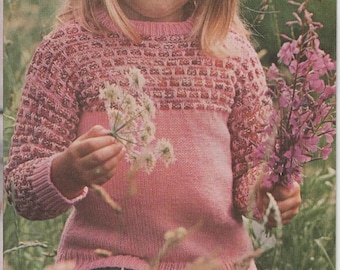 DK Knitted Childs Long Sleeve Jumper with Basket Weave Detail on Yoke 22-28" Approx 2-10 Years Knitting Pattern Instant PDF Download