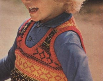 Fun 4 Ply Toddlers Multi Colour Fair Isle Tank Tops 24-28" Approx 4-10 Years Knitting Pattern Instant PDF Download