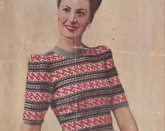 Ladies 3 Ply Fair Isle Short Sleeve Jumper Sweater Knitting Pattern PDF Instant Download 1940's Vintage Women Land Girl Charted