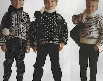 Childrens DK 2 Colour Fair Isle Cardigan Jumpers and Hat Age 6-12 years Knitting Pattern PDF Instant Download