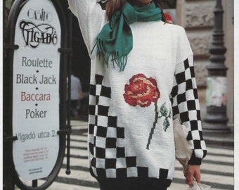 Asymmetric Intarsia Rose with Check Sleeve & Detail 1990s Vintage Knitting Pattern Jumper DK Worsted Size 32-38" Colourwork