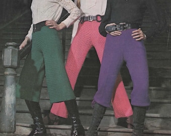 3 Styles Crochet Trousers 1970's Vintage Crochet and Knitting Pattern Leaflet DK Yarn 36-40" Hip Knickerbockers Long Pants Gouchos ABBA