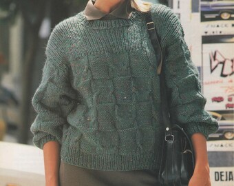 Ladies Chunky Cable Edge Checkerboard Jumper Sweater Knitting Pattern Size 34-40" PDF Instant Download Yoked Long Sleeve 1980's