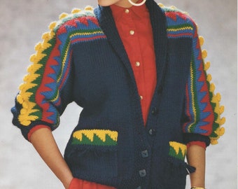 Ladies Chunky Peruvian Cardigan Jacket Knitting Pattern Size 32-38" PDF Instant Download Geometric Bobbles Dolman Sleeve 1980's