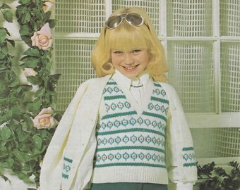 Childrens DK V Neck Fair Isle Style Sleeveless Tank Top Vest & Cardigan Knitting Pattern 22-28" 56-71cm PDF Instant Download Lee Target 9182