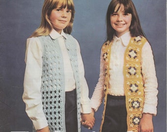 Crochet Pattern Children Teens DK Long Waistcoat Size 26-32" Instant PDF Download 1970's Vintage Granny Squares