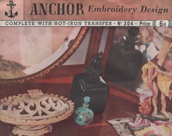 Anchor Cutwork Leaf & Flower Embroidery Leaflet Cheval Dressing Table Set with Images of Original Transfers Instant PDF Download Needlework