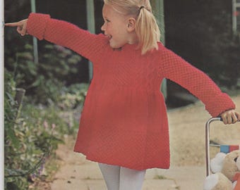 Girls DK Knitted Winter Dress with Cable & Blackberry Stitch Detail Age 2-6 Years (22-26") Knitting Pattern Instant PDF Download