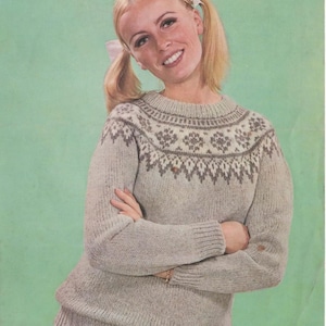 Ladies DK Fair Isle Yoke Crew Neck Jumper Sweater Knitting Pattern Size 36-37" Loose fit PDF Instant Download Raglan Long Sleeve