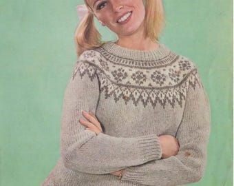 Ladies DK Fair Isle Yoke Crew Neck Jumper Sweater Knitting Pattern Size 36-37" Loose fit PDF Instant Download Raglan Long Sleeve