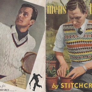 May include: A vintage knitting pattern booklet for men's sweaters. The cover features two men wearing knitted garments. The text on the cover reads "men's book 10¢" and "by STITCHCRAFT".