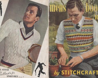 Stitchcraft Magazine Mens Book 18 Patterns in 3 and 4 Ply Fair Isle Argyle Vest Tank Jumper Socks Gloves Scarf Trunks PDF Instant Download