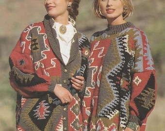 Ladies Chunky Navajo Cardigan Jacket Jumper Knitting Pattern & Charts Size 32-40" PDF Instant Download Geometric Long Sleeve 1980's
