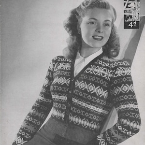 May include: A black and white image of a woman wearing a patterned cardigan. The cardigan features a geometric design in white, grey, and red. The image includes the text "No. 1002" and "4d". The woman is wearing a white collared shirt.