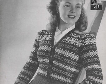 Ladies 3 Ply Fair Isle 4 Colour Button Up Cardigan Knitting Pattern PDF Instant Download 1940's Vintage Women Land Girl
