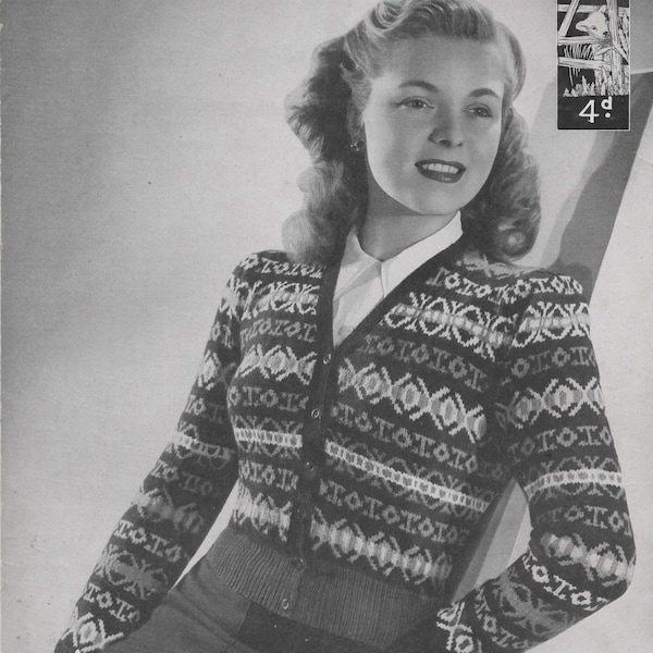 Ladies 3 Ply Fair Isle 4 Colour Button Up Cardigan Knitting Pattern PDF Instant Download 1940's Vintage Women Land Girl