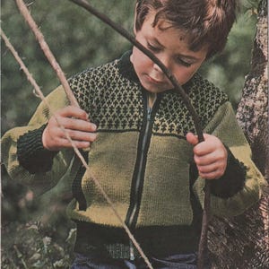 Peut inclure: Un enfant portant un pull zippé à motifs verts et noirs et un jean bleu. Le pull a une fermeture éclair et des poignets noirs. L'enfant tient deux bâtons, avec un arrière-plan vert flou.