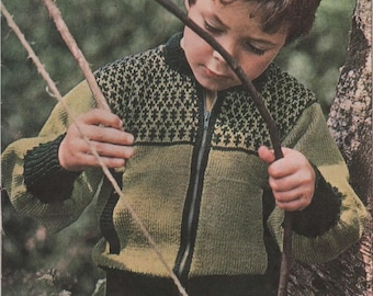Childs 4 Ply Knitted Zip Up Jacket Cardigan Jerkin Pockets Contrast Ribs Knitting Pattern 22-26" Approx 2-6 Years Instant PDF Download