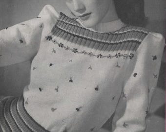 Ladies 3 Ply Short Sleeve Jumper Sweater Stripe Rib Floral Embroidery Knitting Pattern PDF Instant Download 1940's Vintage Women Land Girl