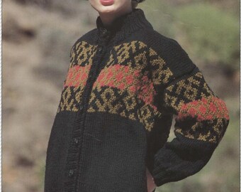 Ladies Chunky Geometric Stripe Cardigan Jacket Knitting Pattern & Chart Size 30-40" PDF Instant Download Long Sleeve High Neck 1980's