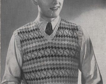Patrón de tejido de jersey tipo chaleco Fair Isle de 3 capas para hombre, descarga instantánea en PDF, estilo vintage de los años 40