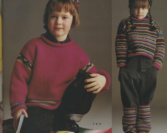 Childrens Striped Colourwork Sweater and Legwarmers Age 6-12 years Jumper 2-8 Years Aran Worsted Knitting Pattern PDF Instant Download