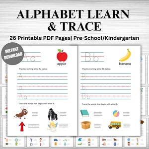 Alphabet Learn & Trace Sheets | Pre-School or Kindergarten Kids ABCs | Printable Letter Tracing Pages | Childrens ABC Worksheets