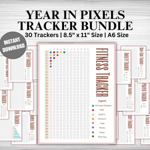 May include: A bundle of printable trackers with the text "Year in Pixels Tracker Bundle". The bundle includes a fitness tracker, sleep tracker, and other trackers. The fitness tracker is 21.6 cm x 27.9 cm in size and has a legend for tracking activities.