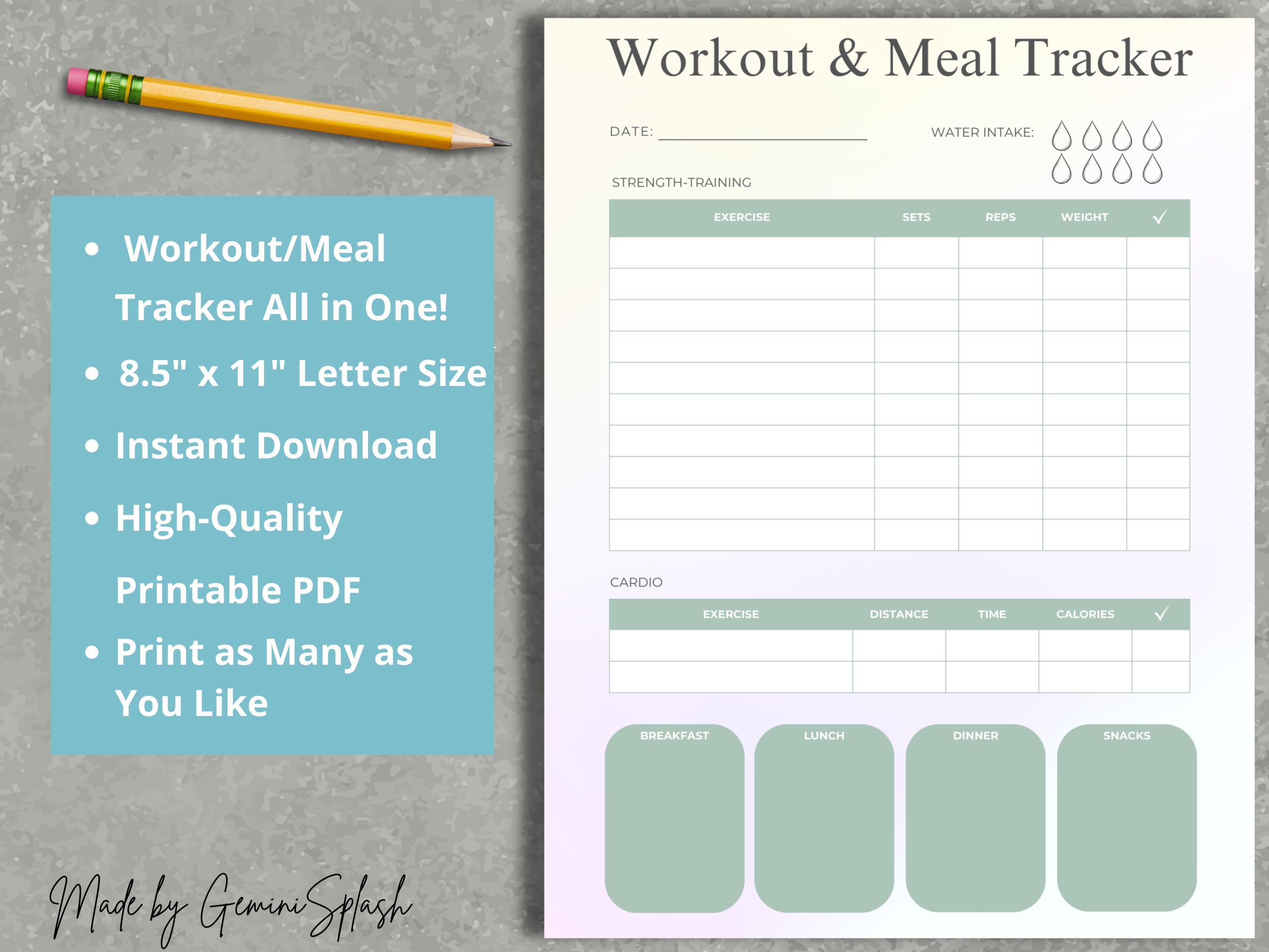 Workout and Meal Tracker Printable Fitness Planner Meal Planner Fitness ...