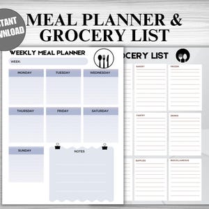 Wekelijkse maaltijdplanner en boodschappenlijst afdrukbaar (digitale download)