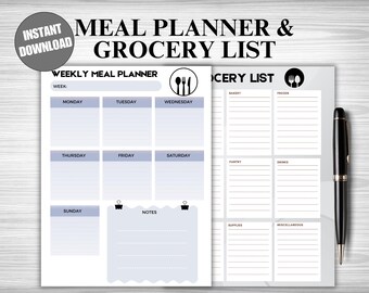 Planificador de comidas semanal y lista de compras imprimible (descarga digital)