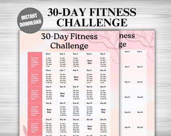 Puede incluir: Un gráfico de desafío de fitness de 30 días imprimible en rosa y blanco con un diseño floral. El gráfico enumera los ejercicios diarios, incluidos flexiones, sentadillas, peso muerto, abdominales y planchas, con el número de repeticiones y el tiempo para completar cada ejercicio.
