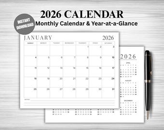 May include: A black and white 2026 calendar with a monthly and year-at-a-glance view. The January calendar page is open, with a pen resting on the side. The text "2026 Calendar" and "Instant Download" are visible.