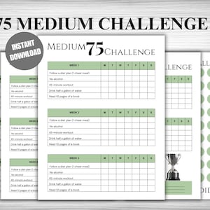 Op de afbeelding: Een printbare 75-daagse challenge tracker met een groen-wit kleurenschema. De tracker bevat een wekelijks schema met dagelijkse vinkjes voor het volgen van een dieetplan, het onthouden van alcohol, het voltooien van een 45 minuten durende training, het drinken van een halve gallon water en het lezen van 10 pagina's van een boek. De tracker bevat ook een groen trofee-icoon en de tekst "DID IT!"