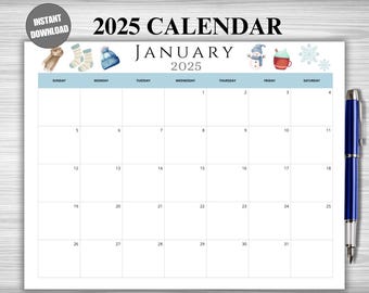 May include: A printable 2025 calendar with a winter theme. The calendar is for January and features a snowman, a mug of hot chocolate, and snowflakes. The calendar is in a light blue and white colour scheme.