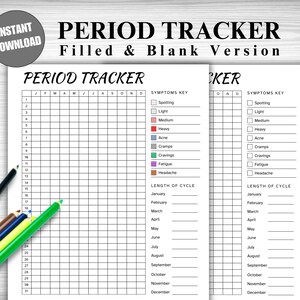 Könnte beinhalten: Druckbarer Perioden-Tracker mit einer leeren und einer ausgefüllten Version. Der Tracker enthält ein Kalenderrraster zum Verfolgen Ihres Zyklus, eine Legende zum Aufzeichnen von Symptomen und einen Abschnitt zum Notieren der Länge Ihres Zyklus.