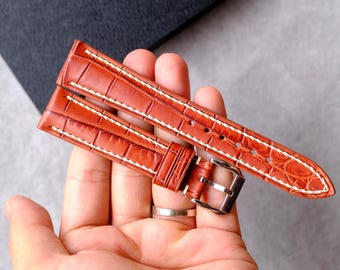 Cognac Alligator Leather Watch Strap, Handmade Vintage Style Watch Band, Custom & Personalized, Sizes 14mm to 26mm