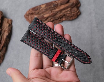 Padded Black Red Epsom Leather Watch Strap Rally Racing Custom Size, Free Personalization 24mm,22mm,21mm,20mm,19mm,18mm,16mm,14mm