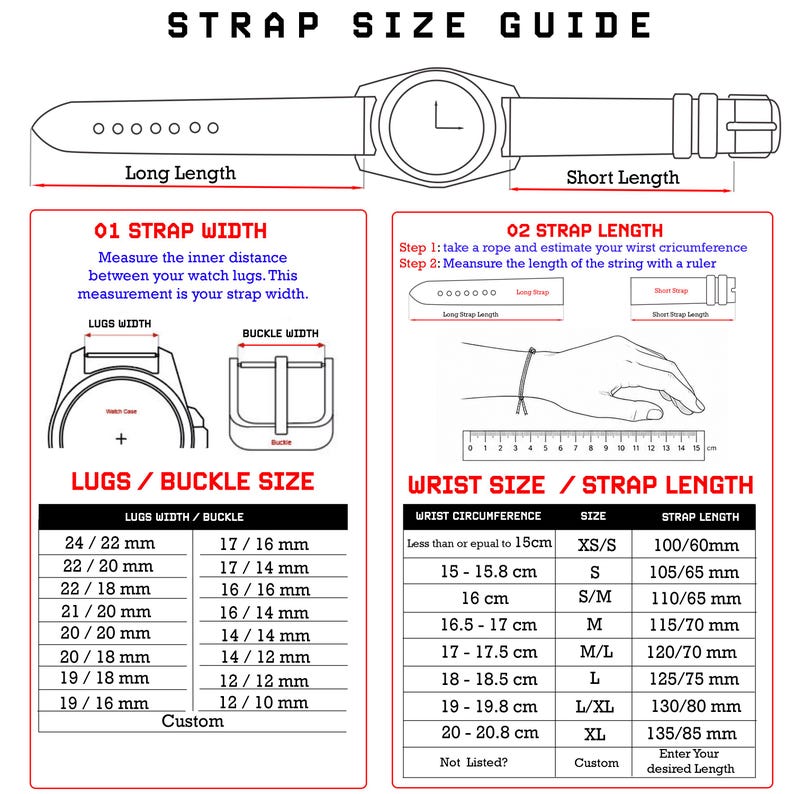 Op de afbeelding: Een zwart-witte infographic getiteld STRAP SIZE GUIDE. Het bevat een horlogediagram, instructies voor het meten van de bandaanzet en polsomtrek, en twee tabellen met details over de maten van de bandaanzet/gesp en polsmaat.