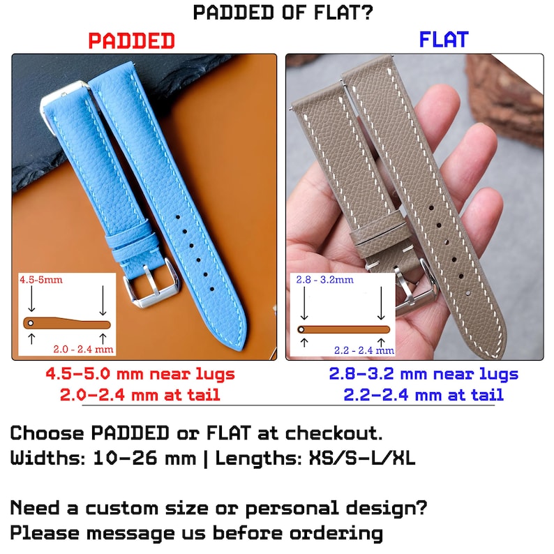 Pode incluir: Uma compara&ccedil;&atilde;o de duas pulseiras de rel&oacute;gio rotuladas PADDED e FLAT. A pulseira azul acolchoada mede 4,5-5,0 mm perto das asas e 2,0-2,4 mm na ponta. A pulseira taupe plana mede 2,8-3,2 mm perto das asas e 2,2-2,4 mm na ponta. Texto: PADDED OF FLAT, Choose PADDED or FLAT at checkout, Widths: 10-26 mm | Lengths: XS/S-L/XL, Need a custom size or personal design? Please message us before ordering.