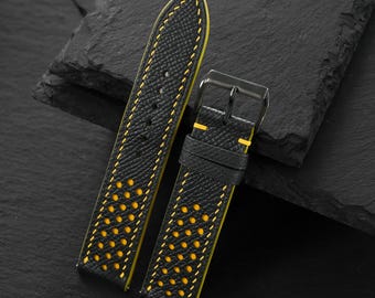 Pulseira de couro Epsom para relógio, estilo Rally Racing, preta e amarela, feita à mão, personalizável, todos os tamanhos: 18 mm, 19 mm, 20 mm, 21 mm, 22 mm, 23 mm, 24 mm.