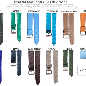 May include: An Epsom leather colour chart displaying various watch strap options in grey, green, turquoise, baby blue, camel brown, orange, blue, navy, dark brown, taupe, and olive. Each strap features a silver buckle and white stitching.
