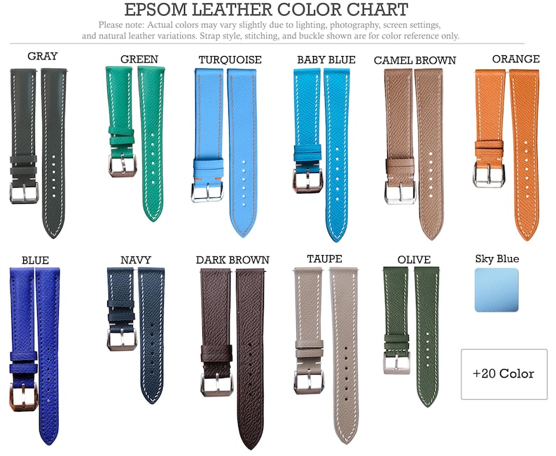 May include: An Epsom leather colour chart displaying various watch strap options in grey, green, turquoise, baby blue, camel brown, orange, blue, navy, dark brown, taupe, and olive. Each strap features a silver buckle and white stitching.