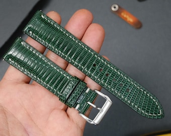 Uhrenarmband Eidechsengrün Handmade Custom Band gepolstert oder flach Alle Größen 18 mm 19 mm 20 mm 21 mm 22 mm 23 mm 24 mm Personalisierbar