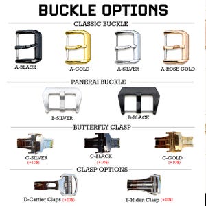 Pode incluir: Uma exibi&ccedil;&atilde;o de ferragens para rel&oacute;gios intitulada BUCKLE OPTIONS. As categorias incluem CLASSIC BUCKLE em preto, ouro, prata e ouro rosa; PANERAI BUCKLE em prata e preto; BUTTERFLY CLASP em prata, preto e ouro; e CLASP OPTIONS incluindo estilos Cartier e Hiden.