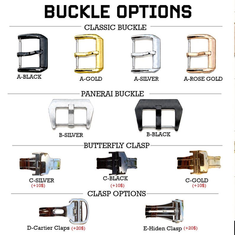 Pode incluir: Uma exibi&ccedil;&atilde;o de ferragens para rel&oacute;gios intitulada BUCKLE OPTIONS. As categorias incluem CLASSIC BUCKLE em preto, ouro, prata e ouro rosa; PANERAI BUCKLE em prata e preto; BUTTERFLY CLASP em prata, preto e ouro; e CLASP OPTIONS incluindo estilos Cartier e Hiden.