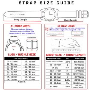 May include: A black and white infographic titled STRAP SIZE GUIDE, illustrating how to measure watch strap width and length. It includes diagrams of watch lugs, buckles, and a wrist circumference chart with measurements in millimetres and centimetres.