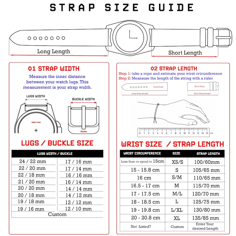 May include: A black and white infographic titled STRAP SIZE GUIDE, illustrating how to measure watch strap width and length. It includes diagrams of watch lugs, buckles, and a wrist circumference chart with measurements in millimetres and centimetres.